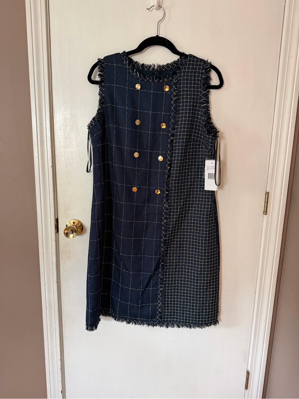 julia jordan Navy Check Plaid Double-Breasted Shift Dress with Gold Buttons